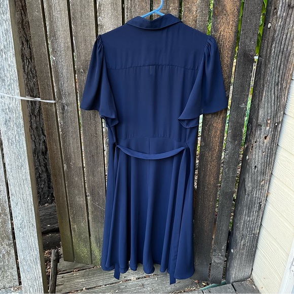 Nanette Lepore Navy Blue Pintuck Pleat Flutter Sleeve Button Down Dress Sz 12 - Picture 9 of 14